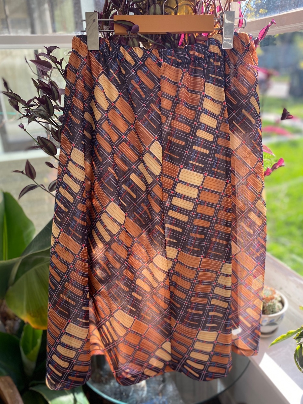 Vintage 70s Women's Plaid Midi Skirt in Orange and Brown